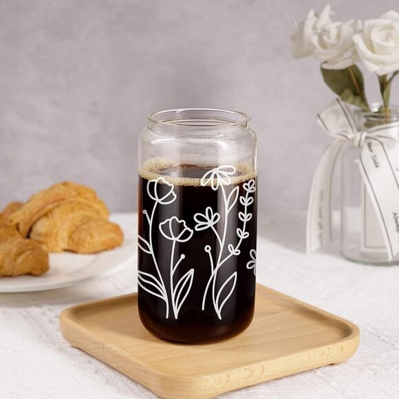 Floral Iced Coffee Cup, 16 oz Drinking Cute Glass Cups w/Lids Straws, Aesthetic - Picture 7 of 8